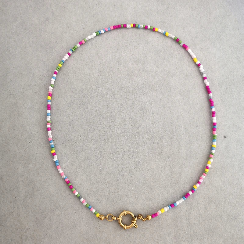 QMHJE Imitation Pearl Necklace Women Choker Seed Beads Rainbow Stainless Steel Clasp Sailor Buckle Base Chain Gold Color Boho