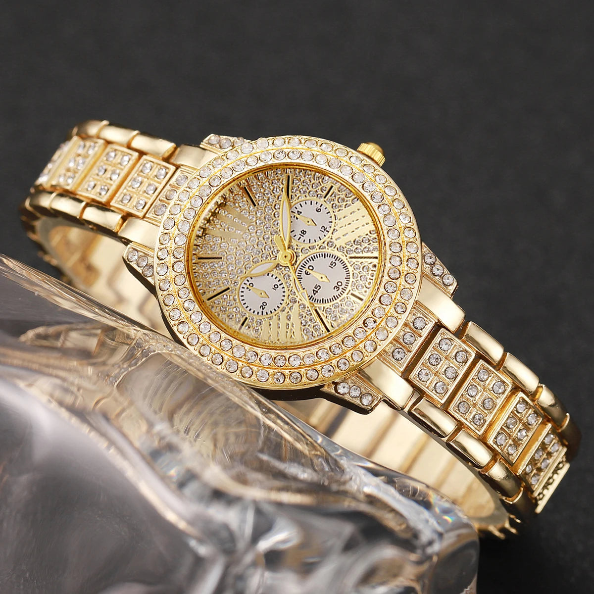 6PCS/Set Luxury Rhinestone Women Watches Fashion Roma Dial Quartz Wristwatch Jewelry Set
