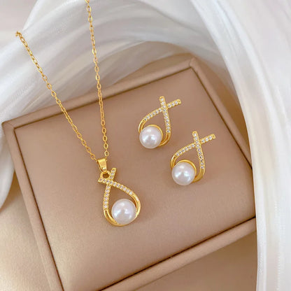 DIEYURO 316L Stainless Steel Butterfly Flower Bowknot Necklace Earrings For Women Girl New Concise Trendy Jewelry Set Gift Party