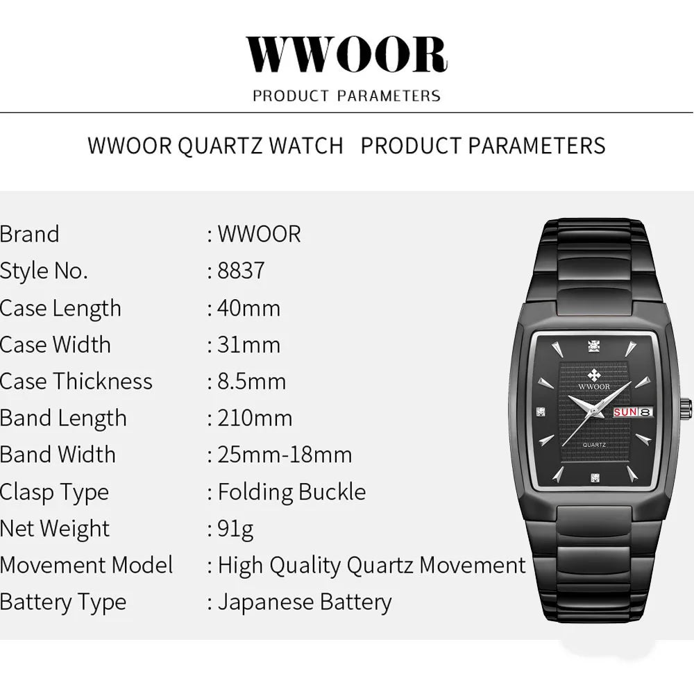 WWOOR Luxury Men's Wristwatch Top Brand Fashion Square Dial Stainless Steel Calendar Waterproof Men Quartz Watches Casual Clock