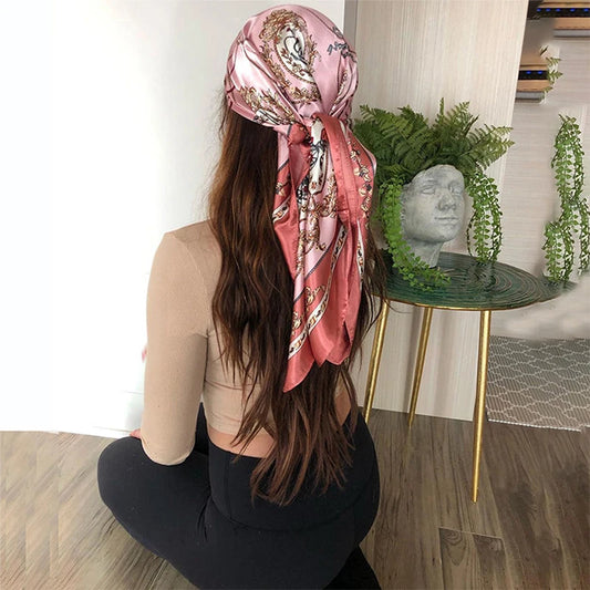 90*90cm Square Silk Scarves Women Hijab Shawls Fashion Print Kerchief Femme Head Scarf Foulard Bandana Beach Pareo