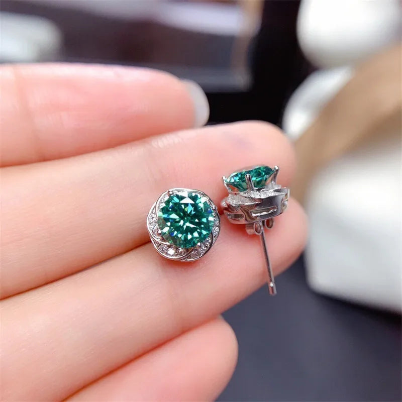 925 Sterling Silver Green Round CZ Stud Earrings  Flower Shape Simple Elegant Women's Ear Piercing Accessories New Jewelry