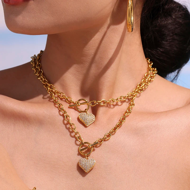 Nivora Stainless Steel "O" Chain OT Clasp Necklaces Bracelets For Women Zircon Heart Pendant Choker Popular Handmade Jewelry