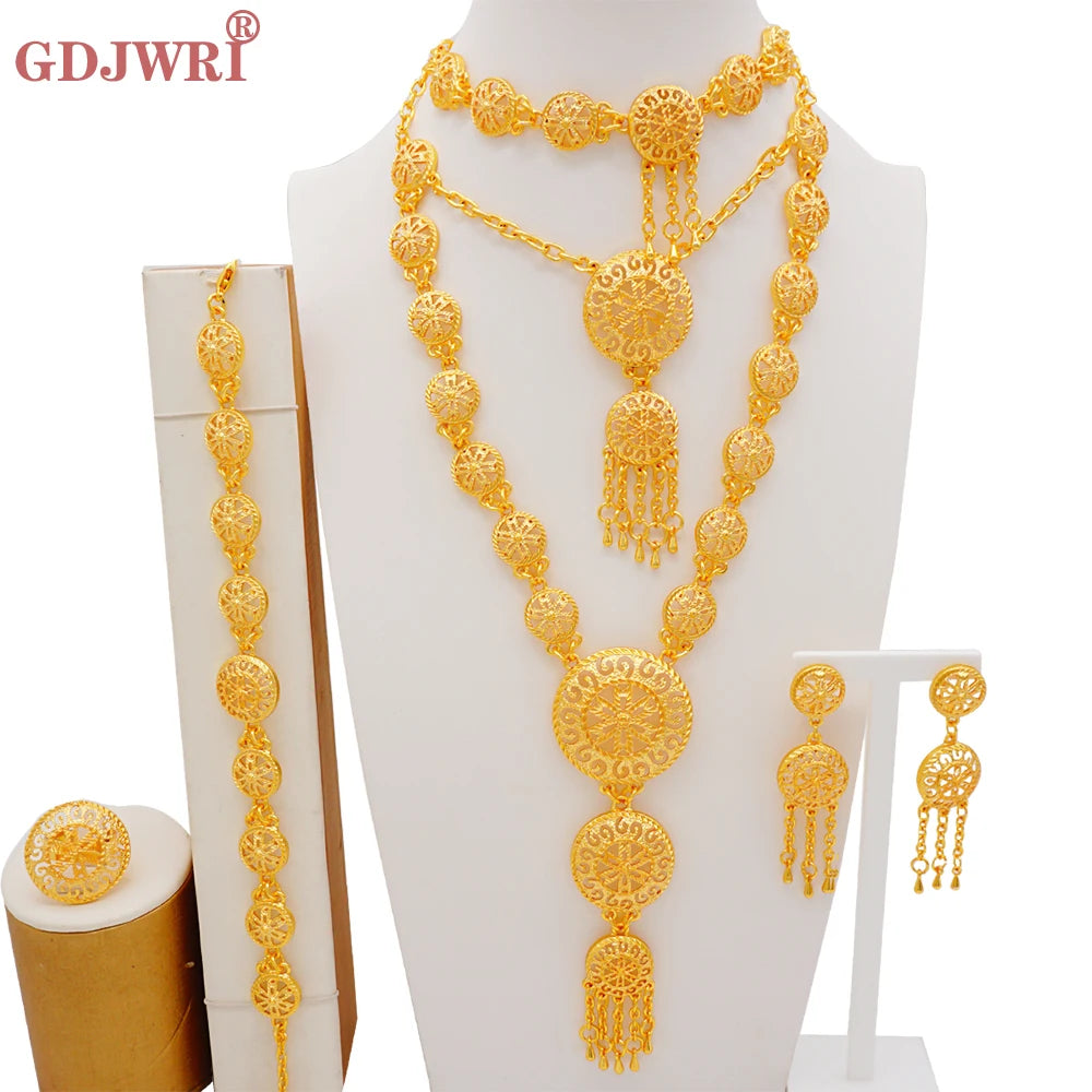 Dubai Gold Color Jewelry Set For Woman Bridal Nigerian African Long Chain Necklace Earrings Bracelet Ring Jewellery Set