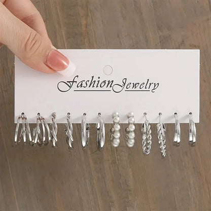 24 Pcs Fashion Vintage Hoop Earrings Set for Women Boho Metal Circle Geometric Twist Pearl Studs Earrings Trendy Jewelry Gifts