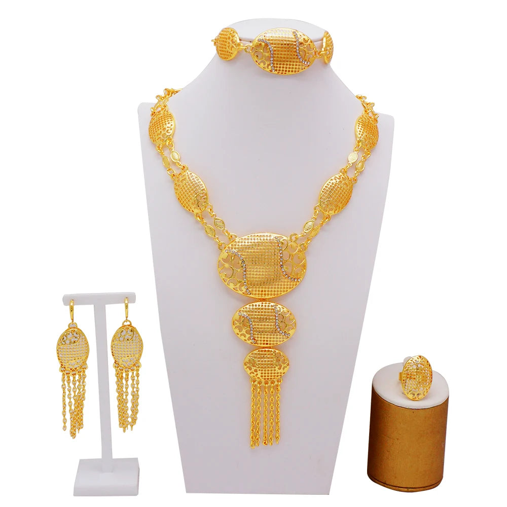 Dubai Gold Color Jewelry Set For Woman Bridal Nigerian African Long Chain Necklace Earrings Bracelet Ring Jewellery Set