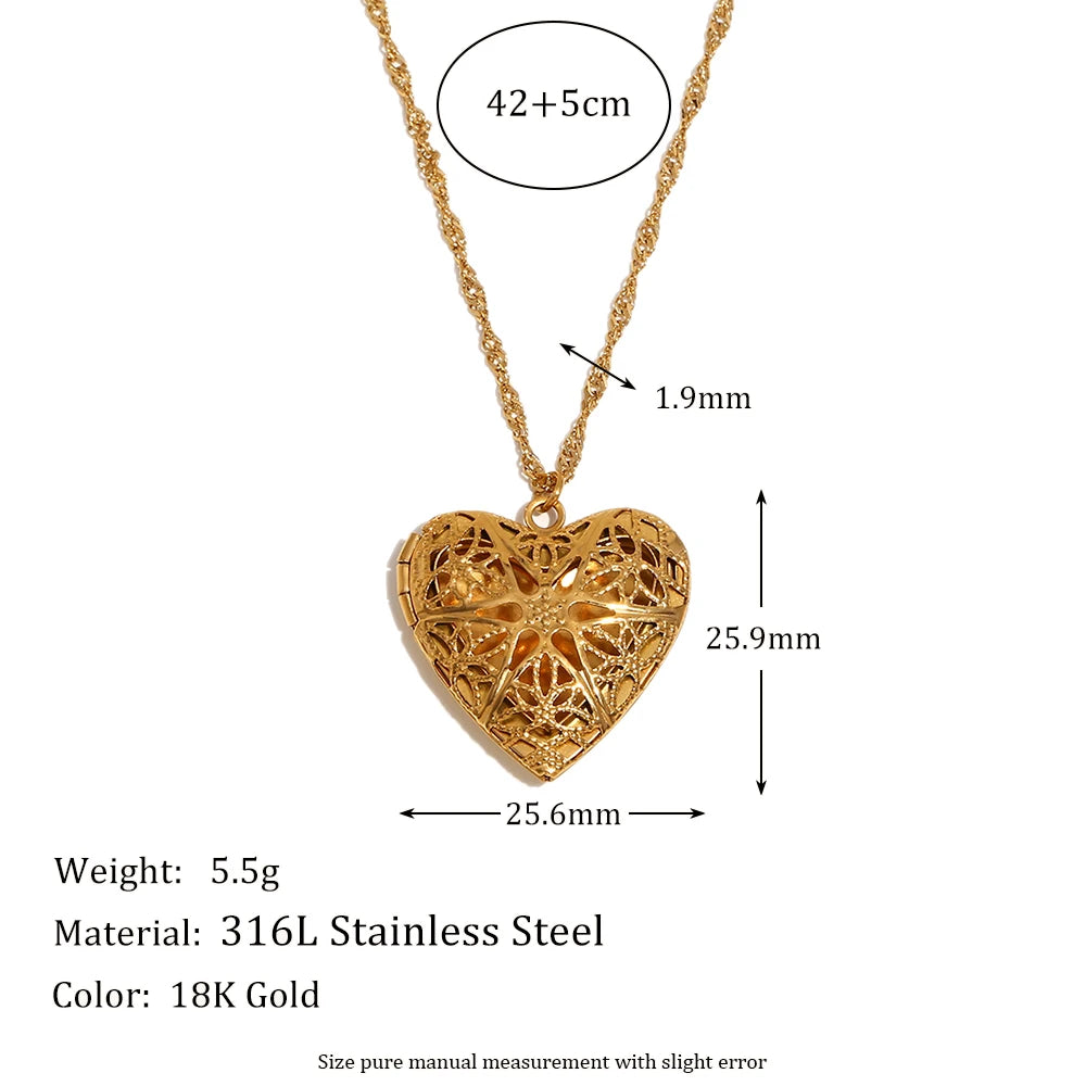 E.B.belle Flower Pattern Hollow Heart Photo Box Pendant Necklace For Women Stainless Steel Jewelry 18K Gold Plated Souvenir Gift