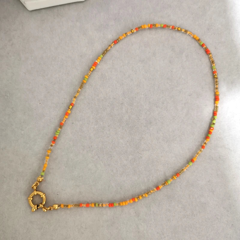 QMHJE Imitation Pearl Necklace Women Choker Seed Beads Rainbow Stainless Steel Clasp Sailor Buckle Base Chain Gold Color Boho