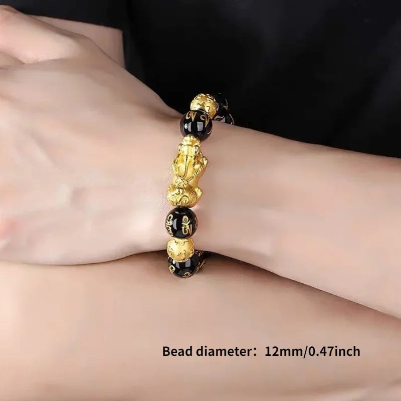 1pc Black Obsidian Stone Beads Pixiu Bracelet for Wealth Luck, Lucky Bracelet for Women Men