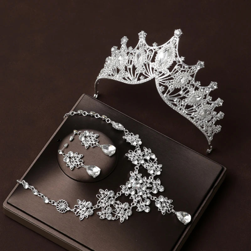 Itacazzo Bridal Headwear Set Crown Necklace Earrings Four Piece Classic Tiaras Suitable for Women's Wedding and Birthday Parties