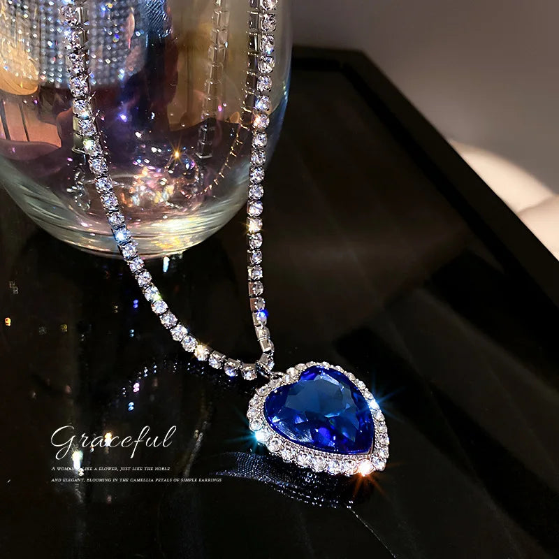 Titanic Heart Of Ocean Blue Crystal Love Heart Pendant Necklace for Women Full Rhinestone Chain Collar Lover Forever Jewelry