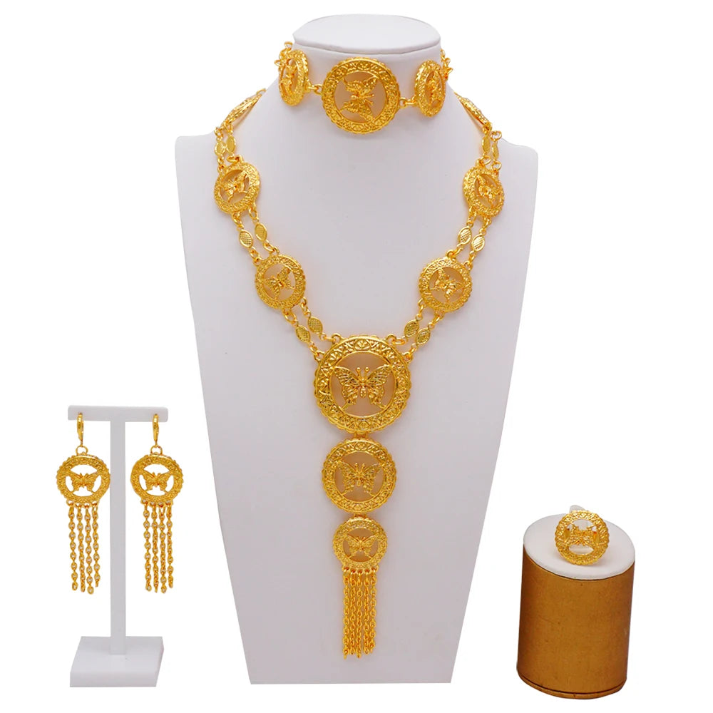 Dubai Gold Color Jewelry Set For Woman Bridal Nigerian African Long Chain Necklace Earrings Bracelet Ring Jewellery Set