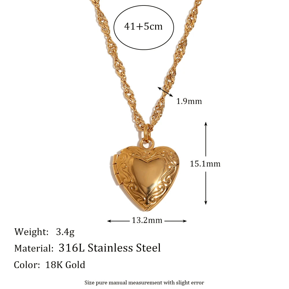 E.B.belle Flower Pattern Hollow Heart Photo Box Pendant Necklace For Women Stainless Steel Jewelry 18K Gold Plated Souvenir Gift