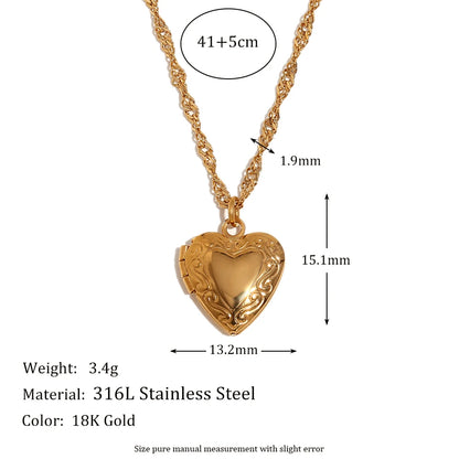 E.B.belle Flower Pattern Hollow Heart Photo Box Pendant Necklace For Women Stainless Steel Jewelry 18K Gold Plated Souvenir Gift