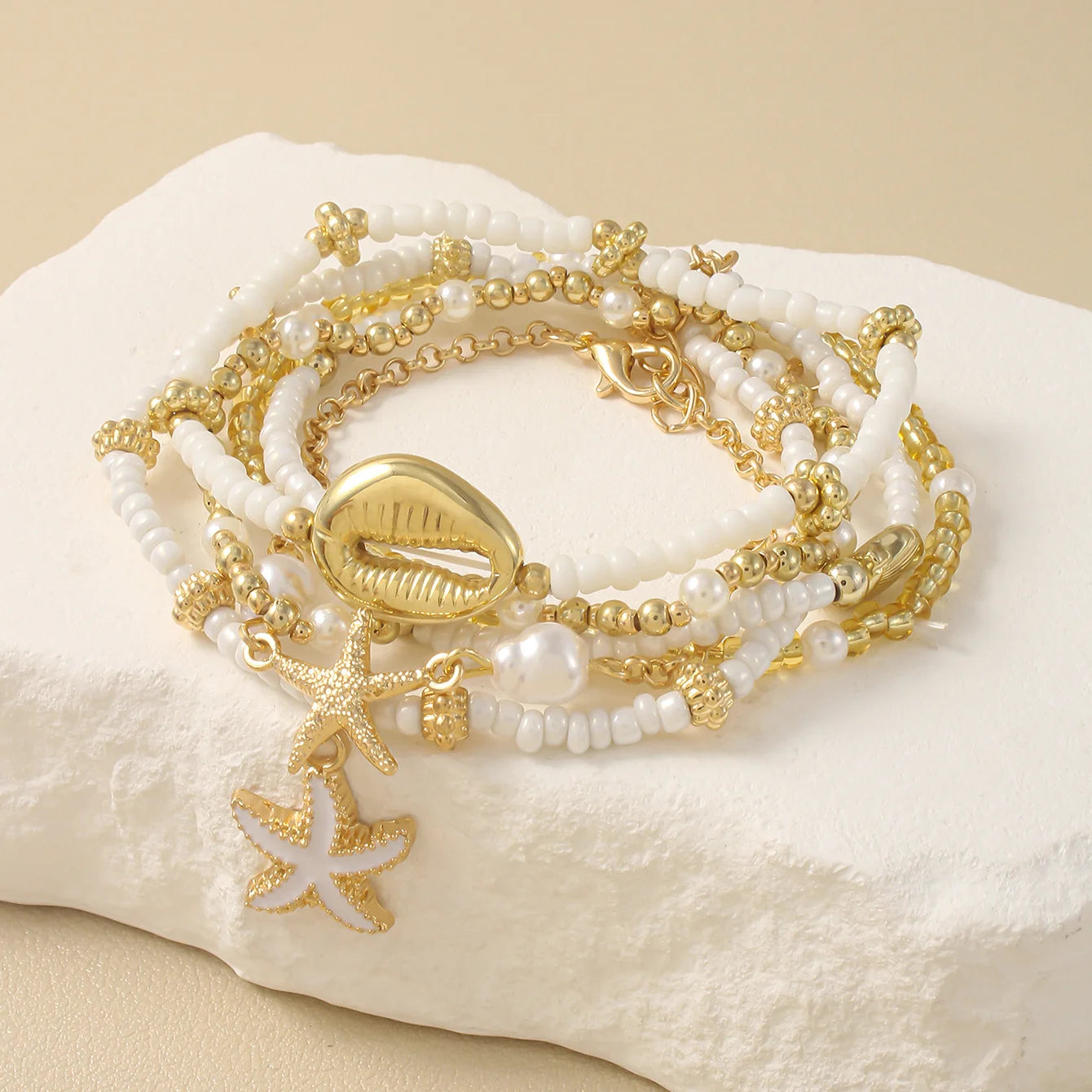 Bohemian Shell Starfish Bead Bracelet Set for Women Fashion Summer Beach Multilayer Stacked Pearl Bracelets Party Jewelry Gifts