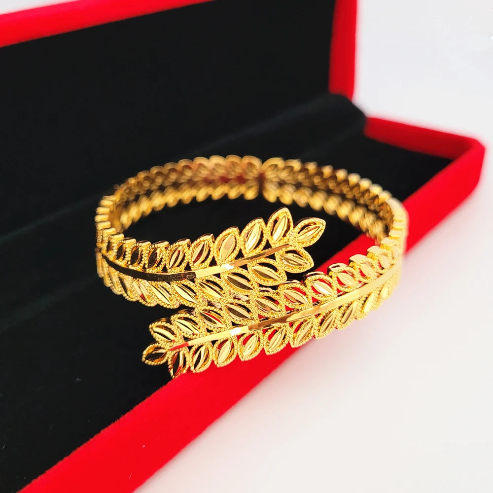 Dubai Gold Color Jewelry Sets for Women Exquisite Leaf Wide Bangle Bracelet & Ring 2 pcs Set Wedding Bridal Accessories