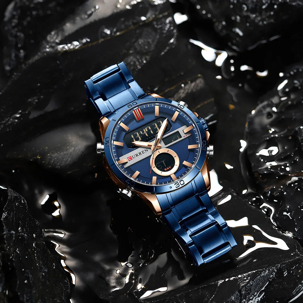 Curren 8384 Men's Multifunctional Watch, Dual-display Movement Luminous Calendar & Week Steel-strap Wristwatch