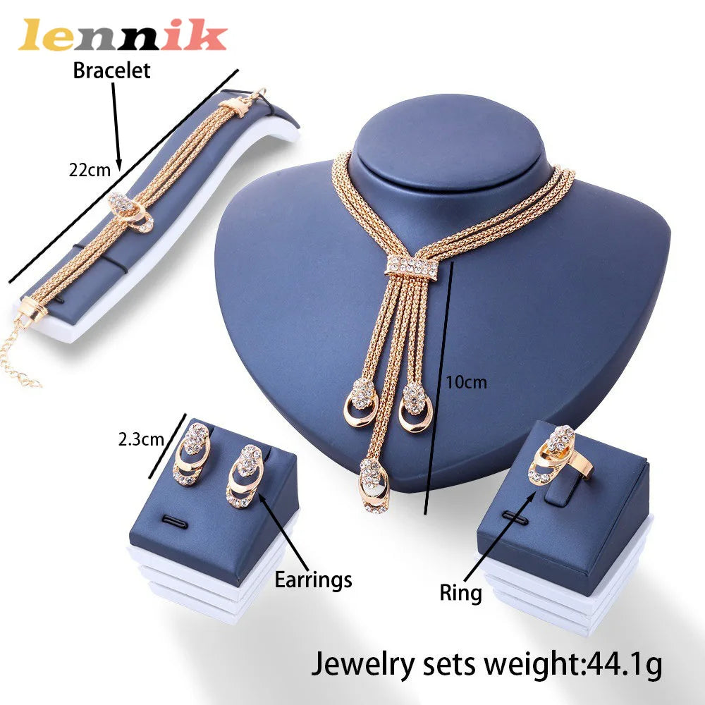 LENNIK European American Exaggerated Crystal Bridal Jewelry - Necklace Earrings 4Pcs Set - Alloy Zircon Wholesale Accessories