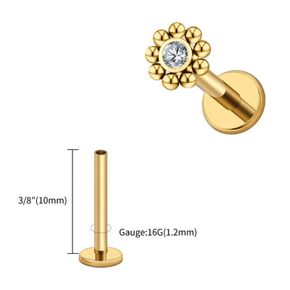 Right Grand ASTM F136 Titanium 16G Mini Beaded Sun Labret Stud CZ Flower Tragus Cartilage Helix Conch Nose Piercing Body Jewelry