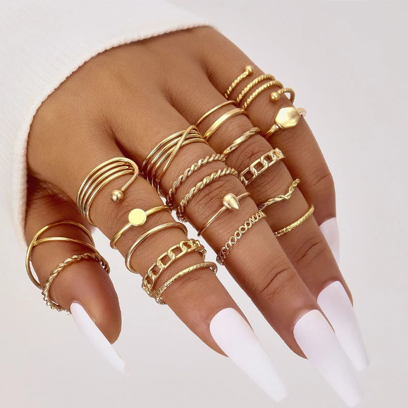 24pcs Fashion Stunning Rhinestone Ring Set Bohemian Elegant Minimalist Snake Geometric Design Ring Party Daily Wear Jewelry Gift