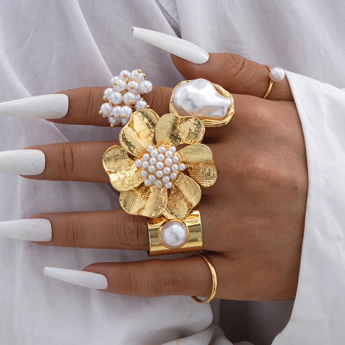 Vintage Smooth Flower Shell Design Ring Set Fashion Elegant Bohemian Starfish Personalized Ring Party Holiday Daily Wear Jewelry