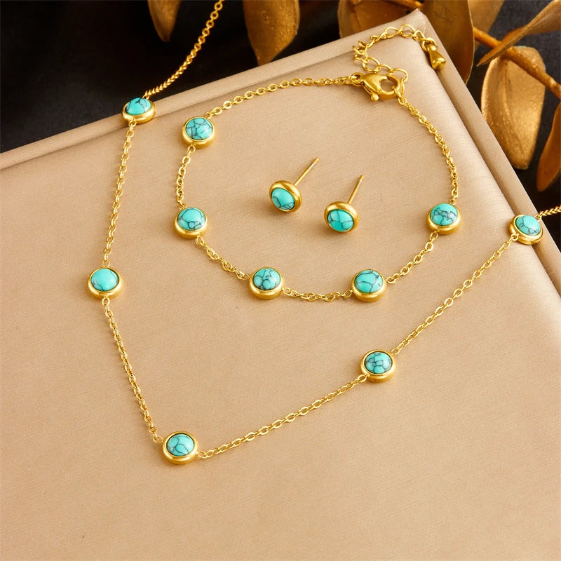 DIEYURO 316L Stainless Steel Round Turquoise Necklace Bracelet Earrings Suit For Womens 2024 New TrendNon-fadingjewelry Set