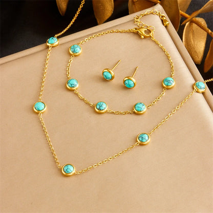 DIEYURO 316L Stainless Steel Round Turquoise Necklace Bracelet Earrings Suit For Womens 2024 New TrendNon-fadingjewelry Set