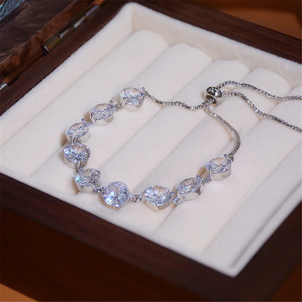 Charm Female White Zircon Stone Bowknot Bracelet Cute Silver Color Adjustable Wedding Jewelry For Women