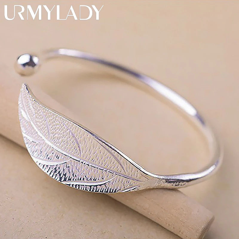Fashion 925 Sterling Silver Woman Cuff Bracelet Open Leaf Shaped Adjustable Charm Bangle Girls Party Jewelry Christmas Gifts