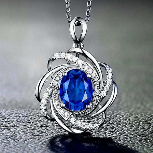 New Luxury Sapphire Crystal Pendant Necklace For Women Elegant Oval Flower Spiral Charm  Romantic Wedding Jewelry bijoux