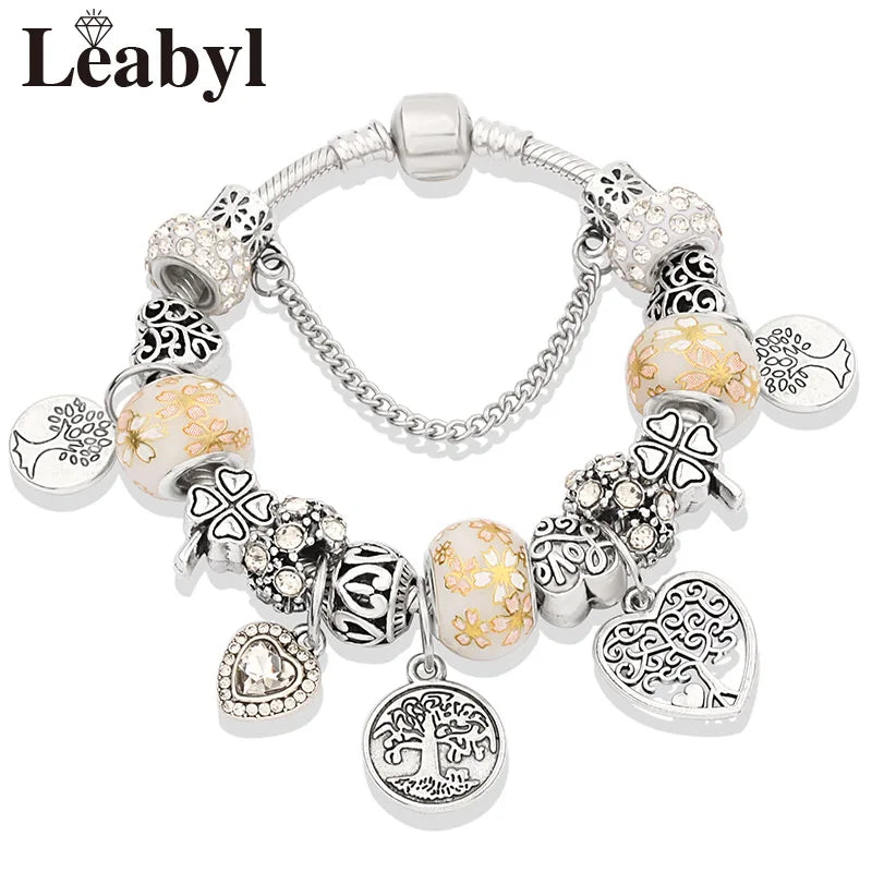 Antique Tibetan Silver Tree of Life Charm Bracelets Green Crystal Flower Bead Bracelet with Heart Diy Jewelry Pulsera Mujer