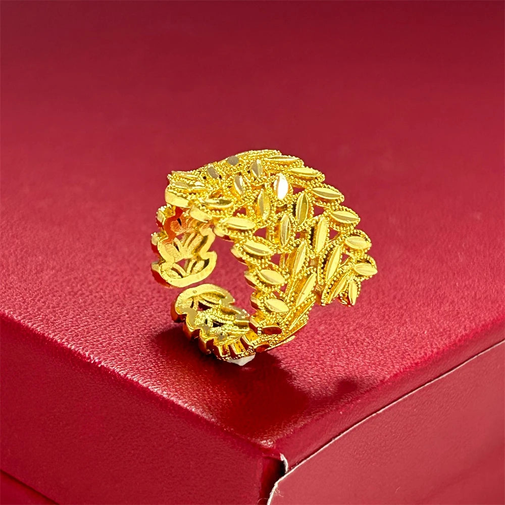 Dubai Gold Color Jewelry Sets for Women Exquisite Leaf Wide Bangle Bracelet & Ring 2 pcs Set Wedding Bridal Accessories