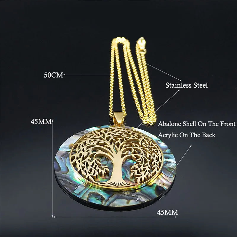 Tree of Life Stainless Steel Abalone Shell Natural Necklace Chain Gold Color Necklaces Mother Pearl Shell Boho Jewelry collar NX