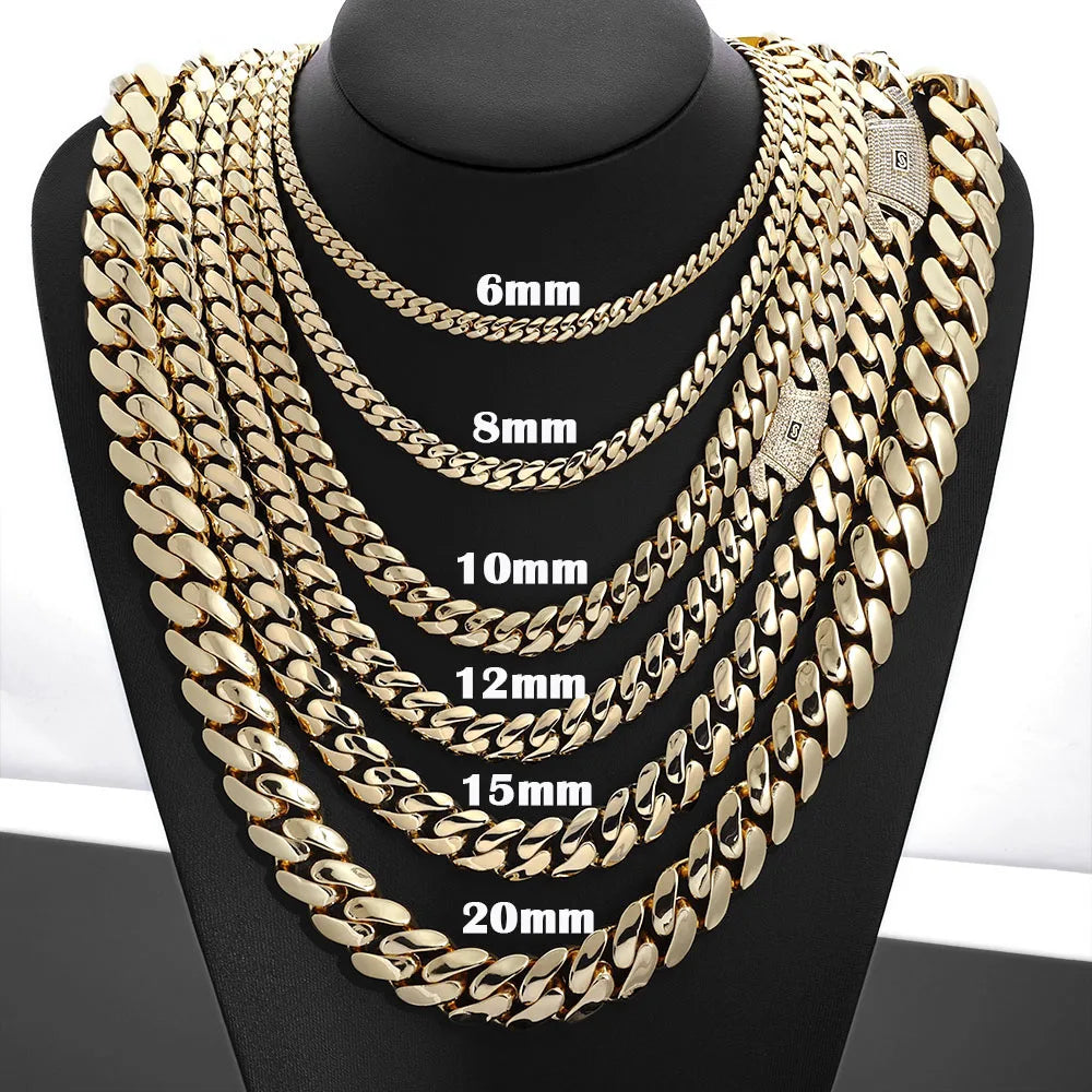 HHIOK Hot Sale Monaco 14k Gold Plated Mans Chain Iced Out Clasp Necklace Miami 12/15/20mm Brass Cuban Link Chain for Men