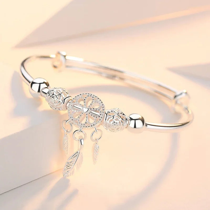 Trendy 925 Sterling Silver Big Bangles Bracelet Cute Charms for Women Lady Fashion Jewelry Adjustment Cuff Wedding Luxury