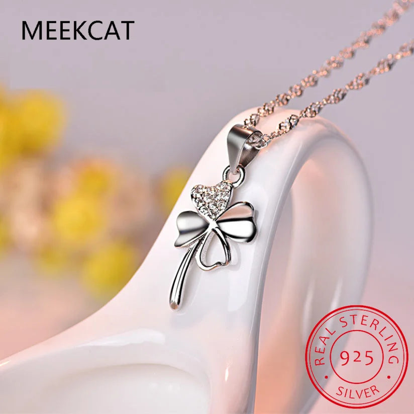 Cute Clover Style Crystal Pendants Necklace For Women Wedding Party Pure 925 Sterling Silver Lady Choker Necklaces Accessory