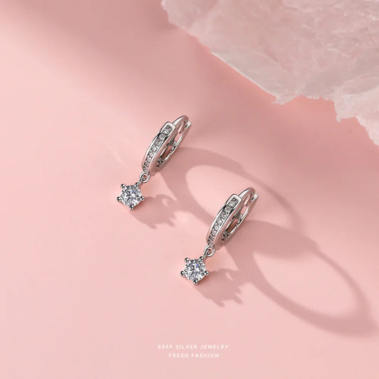 Earrings Silver 999 Star Zircon Round Simple Unique Elegant Jewelry Women's Stud Earrings Pendientes Mujer JHE66
