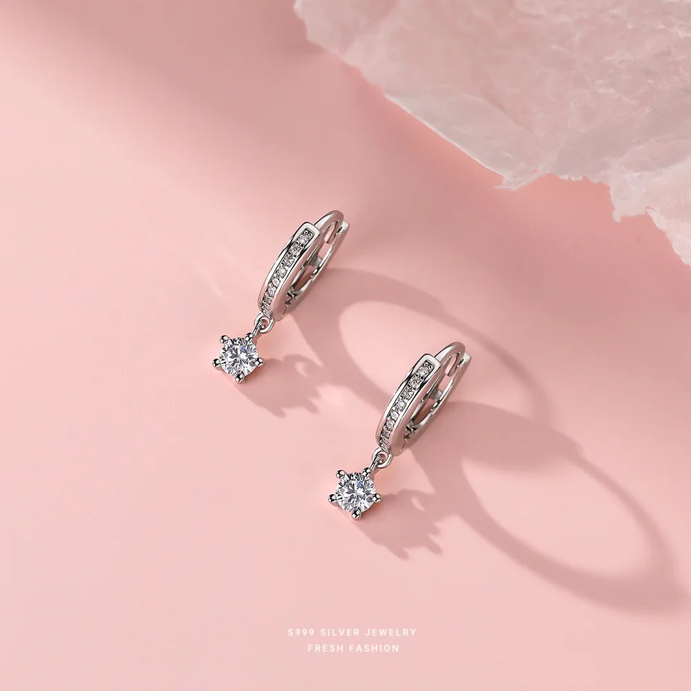 Earrings Silver 999 Star Zircon Round Simple Unique Elegant Jewelry Women's Stud Earrings Pendientes Mujer JHE66