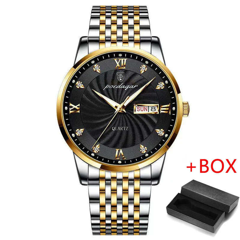 POEDAGAR New Business Mens Watches Top Brand Luxury Stainless Steel Waterproof Week Date Quartz Watch for Men Relogio Masculino