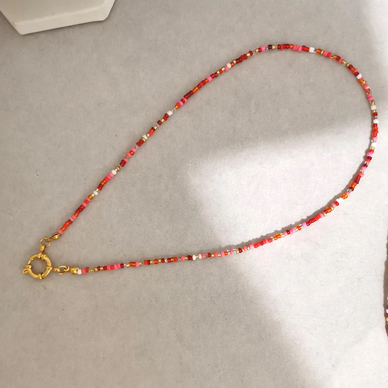 QMHJE Imitation Pearl Necklace Women Choker Seed Beads Rainbow Stainless Steel Clasp Sailor Buckle Base Chain Gold Color Boho