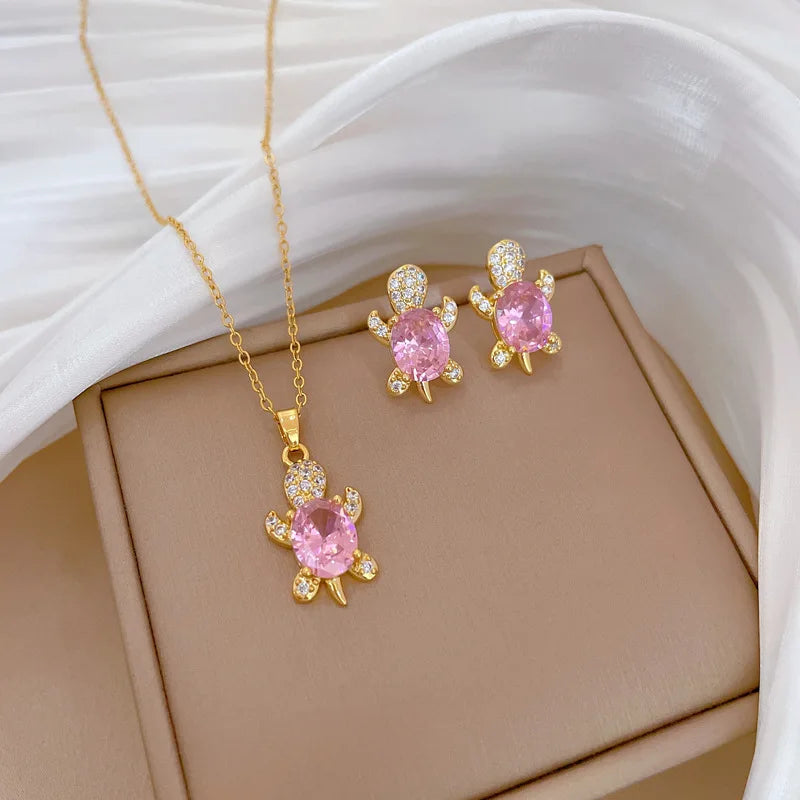 DIEYURO 316L Stainless Steel Butterfly Flower Bowknot Necklace Earrings For Women Girl New Concise Trendy Jewelry Set Gift Party