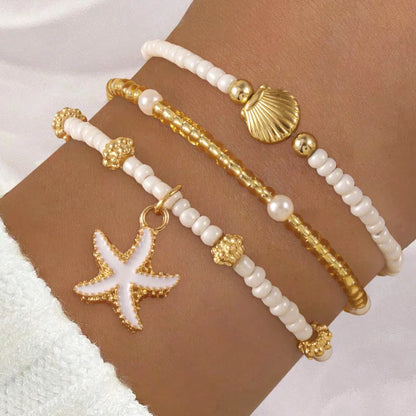 Bohemian Shell Starfish Bead Bracelet Set for Women Fashion Summer Beach Multilayer Stacked Pearl Bracelets Party Jewelry Gifts