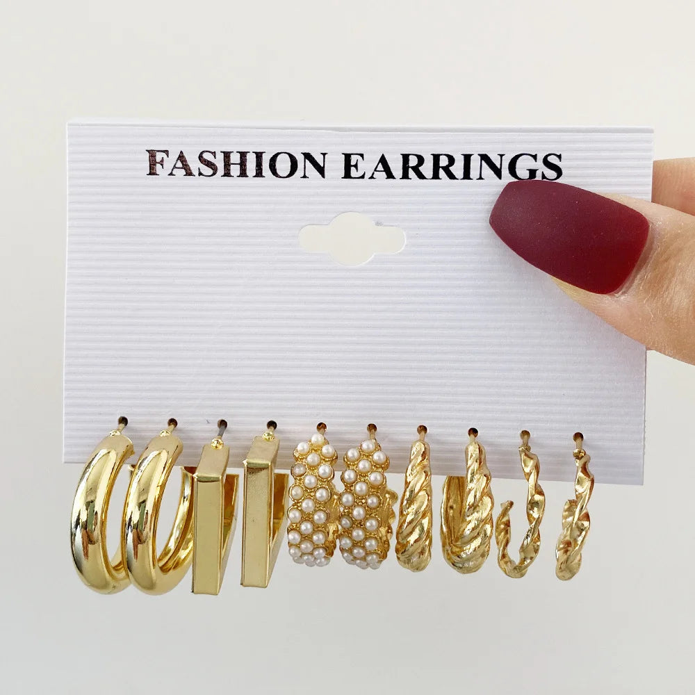 24 Pcs Fashion Vintage Hoop Earrings Set for Women Boho Metal Circle Geometric Twist Pearl Studs Earrings Trendy Jewelry Gifts