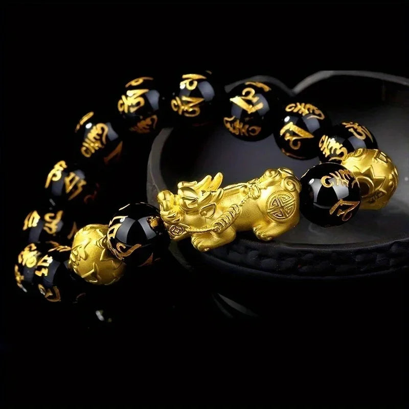 1pc Black Obsidian Stone Beads Pixiu Bracelet for Wealth Luck, Lucky Bracelet for Women Men
