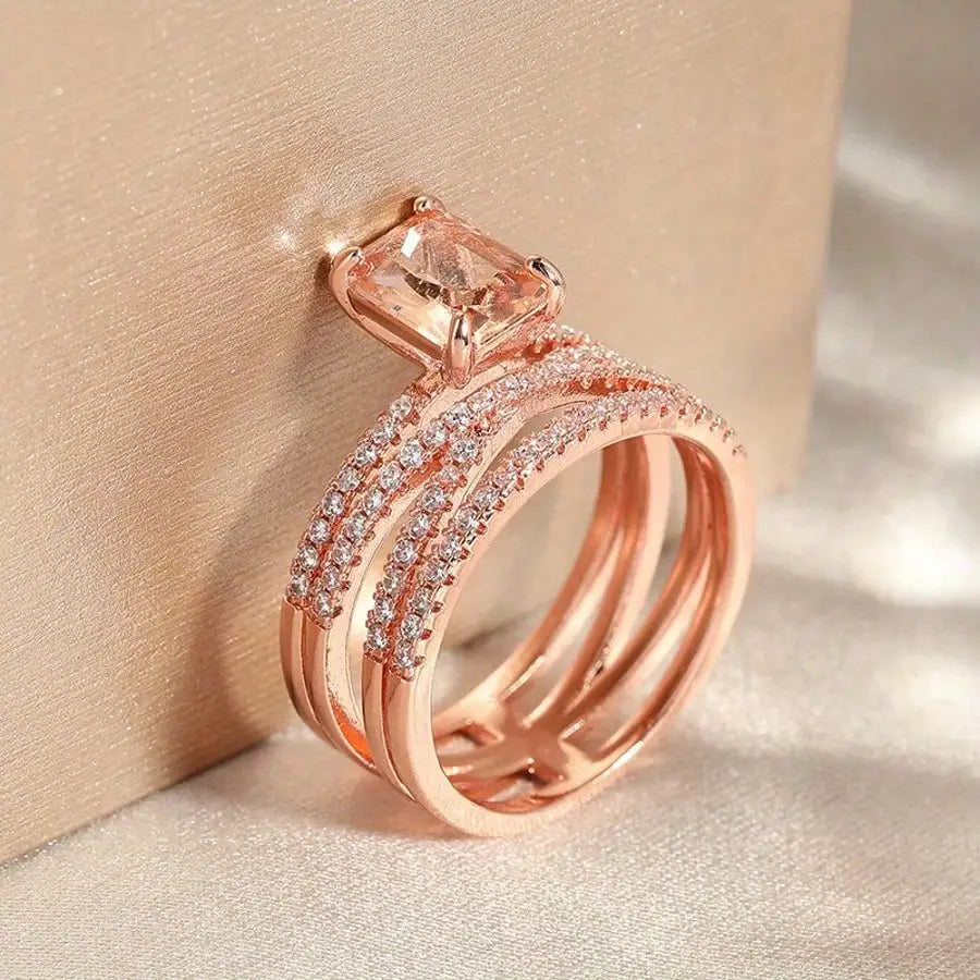 Fashion Multilayer Morganite Ring Rose Gold Color Champagne crystal stone Rings for Women Wedding Band Jewelry Mother days Gifts
