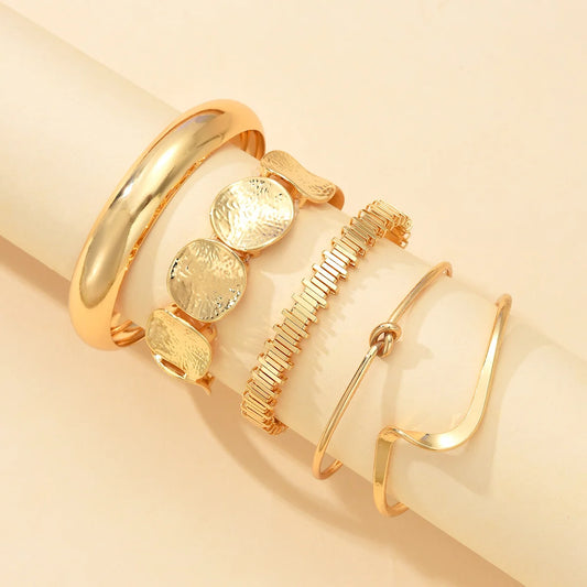 5pcs/Set Vintage Exaggerated Wide Cuff Bracelet Set For Women Fashion Gold Color Smooth Asymmetrical Bangles Daily Wear Jewelry