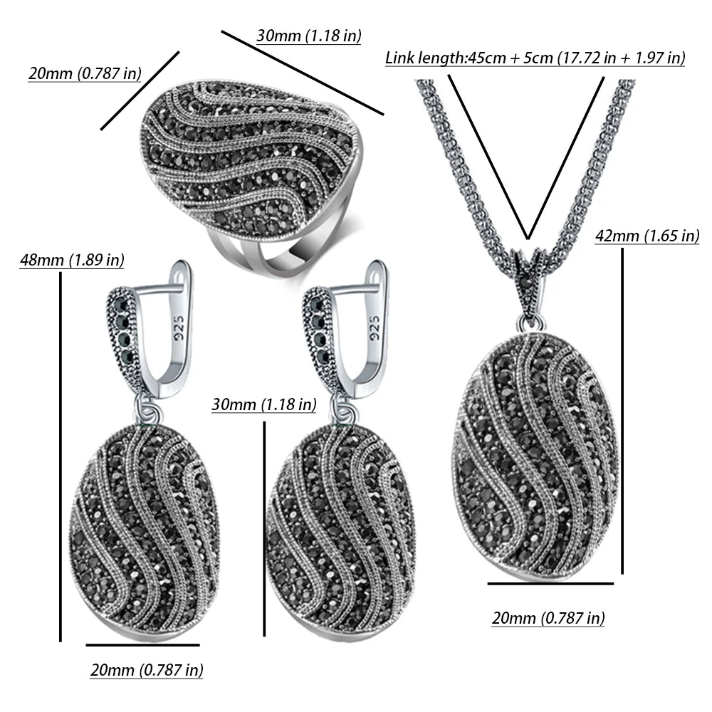 Ajojewel S-shaped Vintage Ladies Jewelry Necklaces And Earring Set Full Rhinestone Black Ring Retro Items Collection