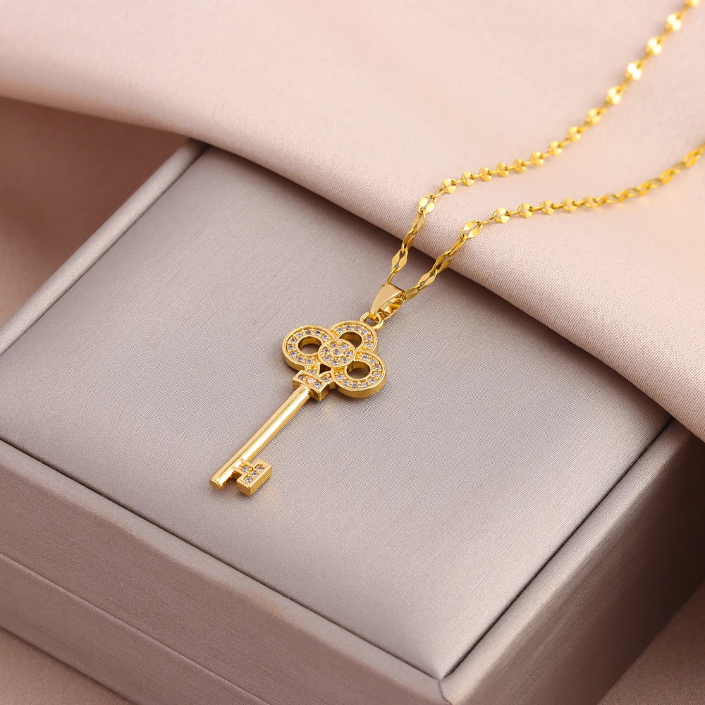 Trendy 18K Gold Plated Zircon Crystal Pendant Stainless Steel Necklace For Women Female Clavicle Chain Jewelry Lady Accessories