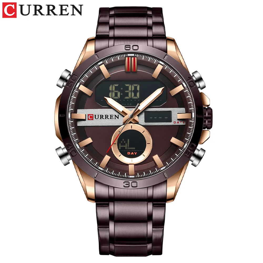 Curren 8384 Men's Multifunctional Watch, Dual-display Movement Luminous Calendar & Week Steel-strap Wristwatch