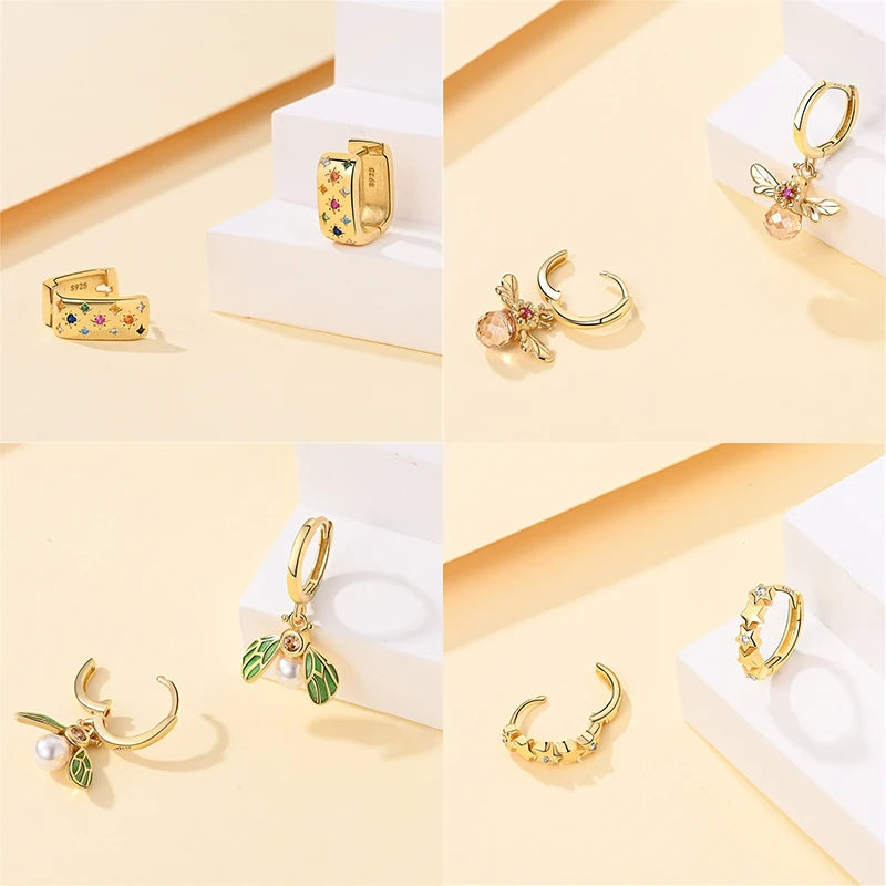 New in 925 Silver Color Gold Pearl Bee Irregularity Star Moon Earrings For Women 2025 Trending Fashion Jewelry Birthday Gifts
